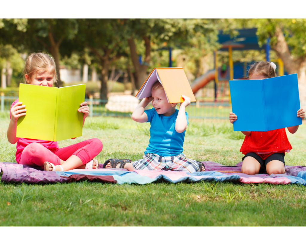 at little learners preschool and tutoring in papillion, students will get much needed social interaction; three kids with books, one on his bed outside in the grass